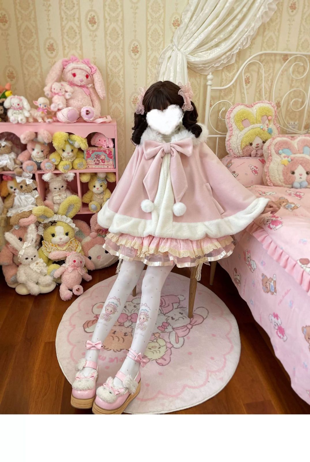 ロリータ 量産型 ピンク ケープ コート ふわもこ ファー リボン