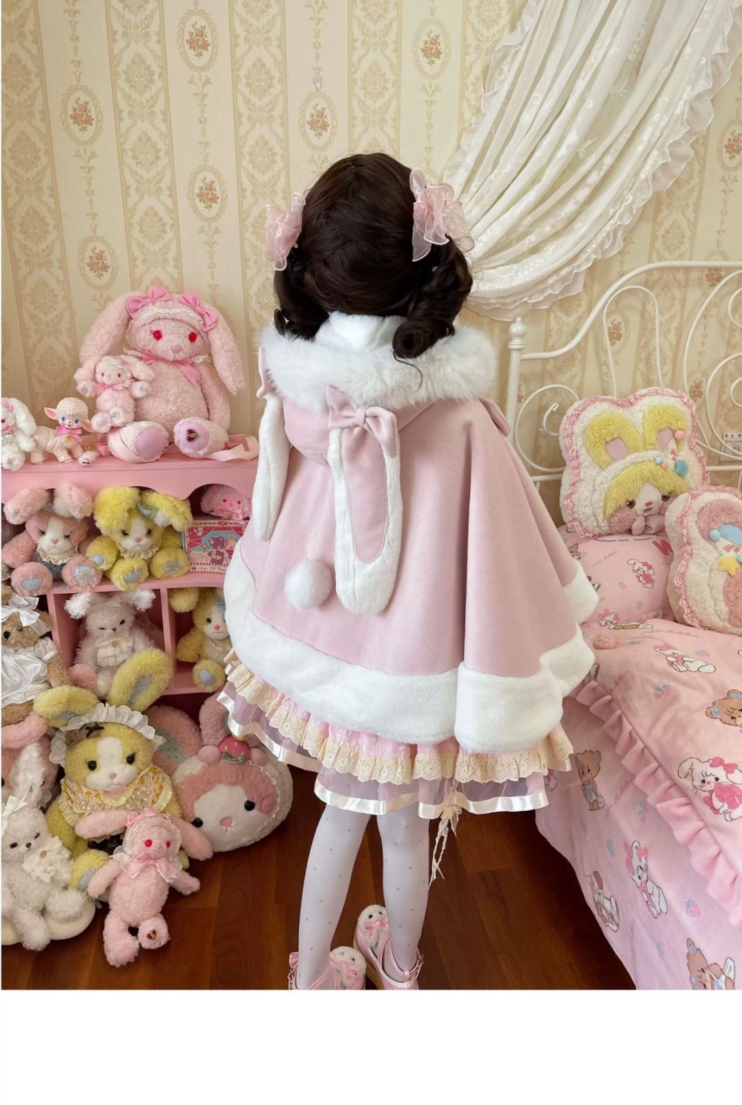 ロリータ 量産型 ピンク ケープ コート ふわもこ ファー リボン