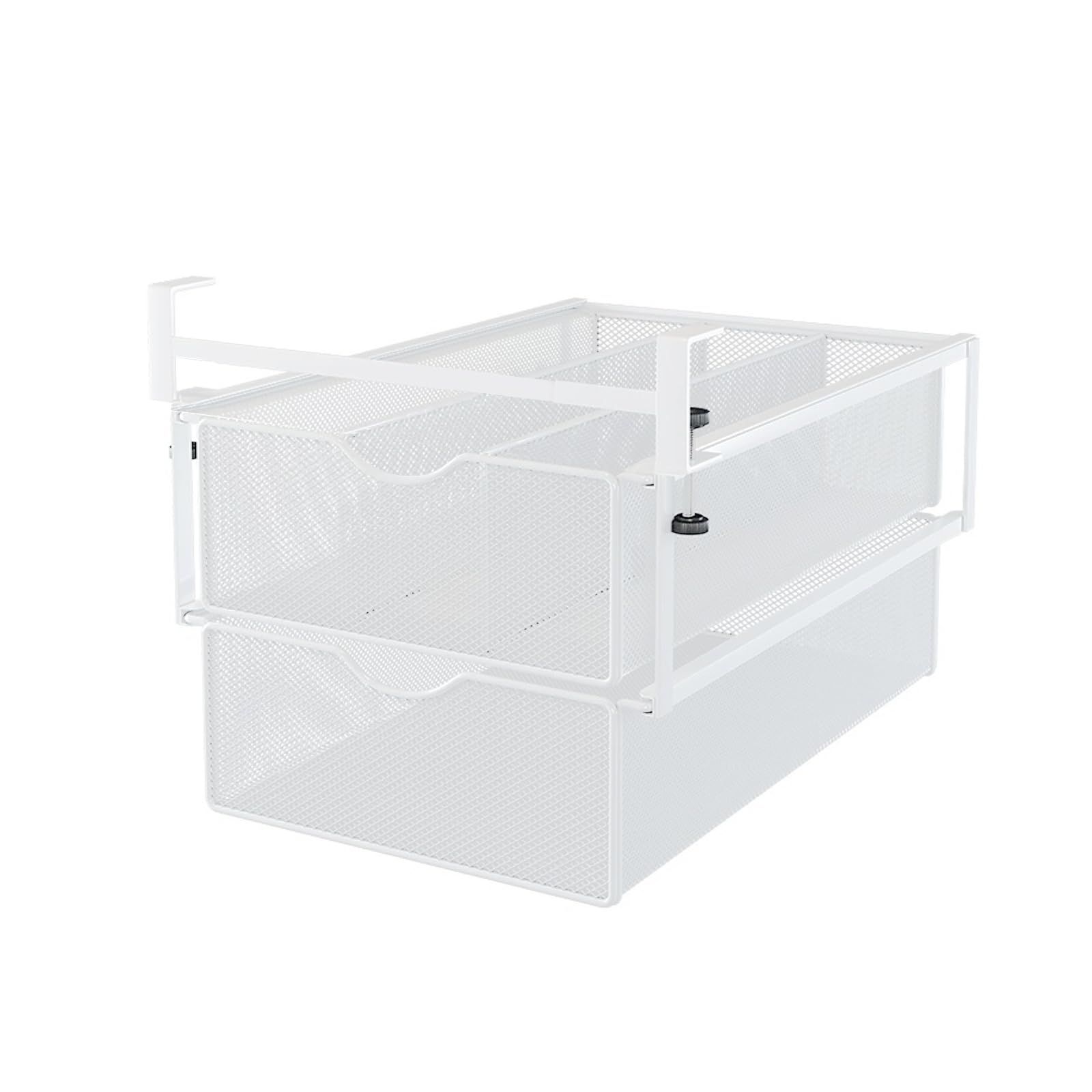 Forthcanデスク下収納ラック 後付け引き出しスライド式 机下収納 吊り下げ収納 戸棚下 キッチンラック 掛け式 スチール製 大容量 小物整理 ホワイト 03