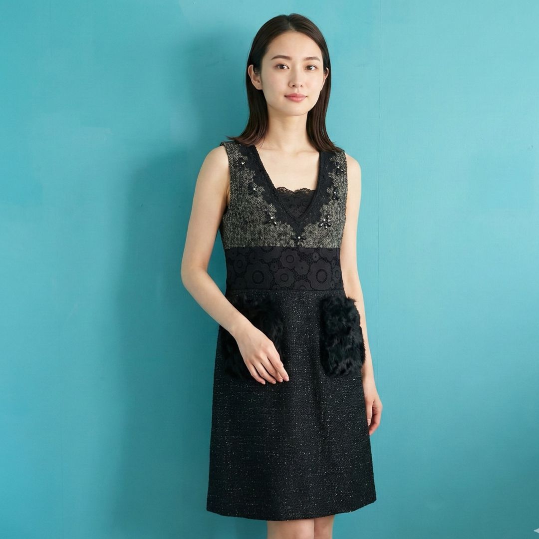 830 スーパービューティー 42 ツイード ラムファー ビジュー ワンピース