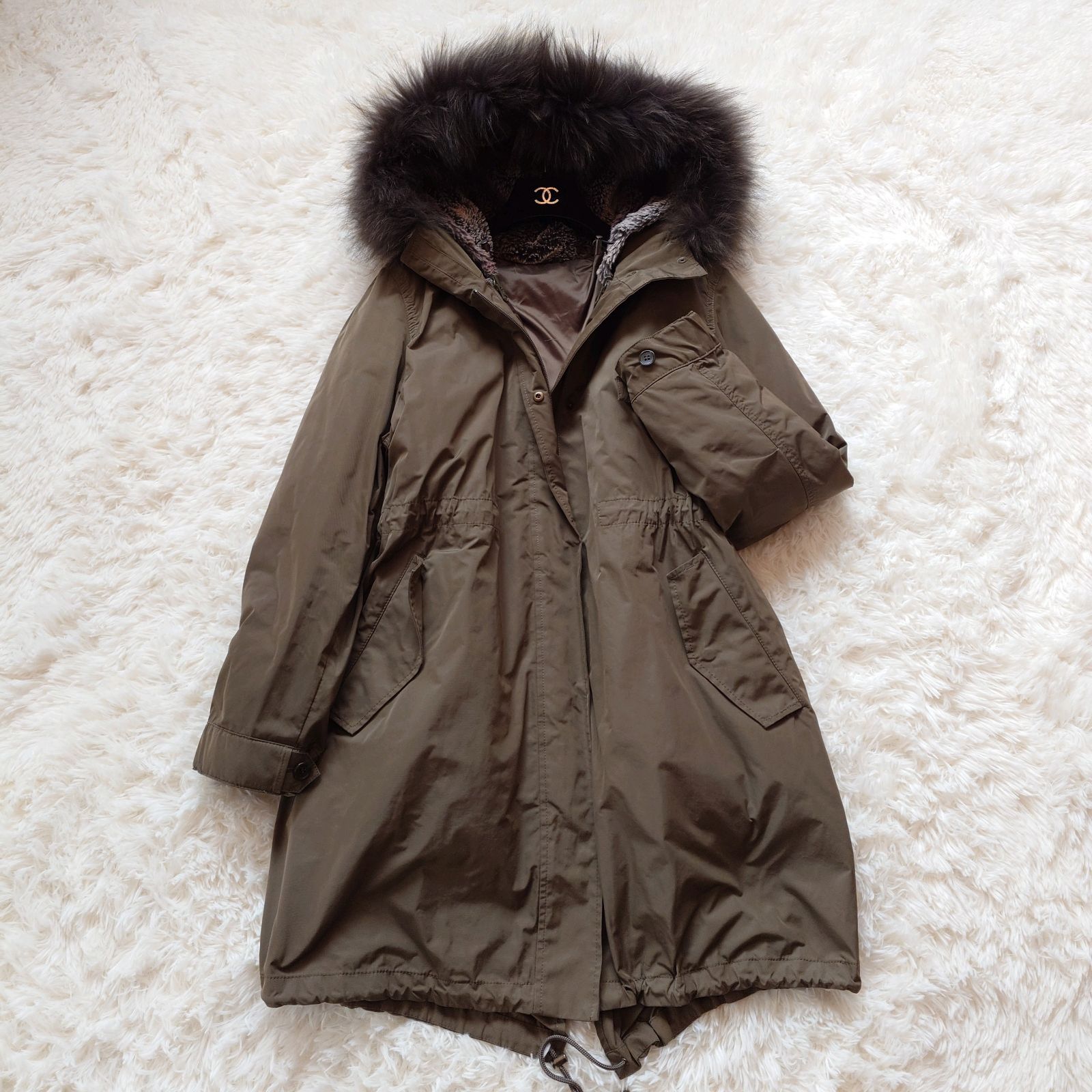 23区 モッズコート ダウンコート ライナー フード ラクーンファー リアルファー ボア 大きいサイズ ドローコード 44 カーキ