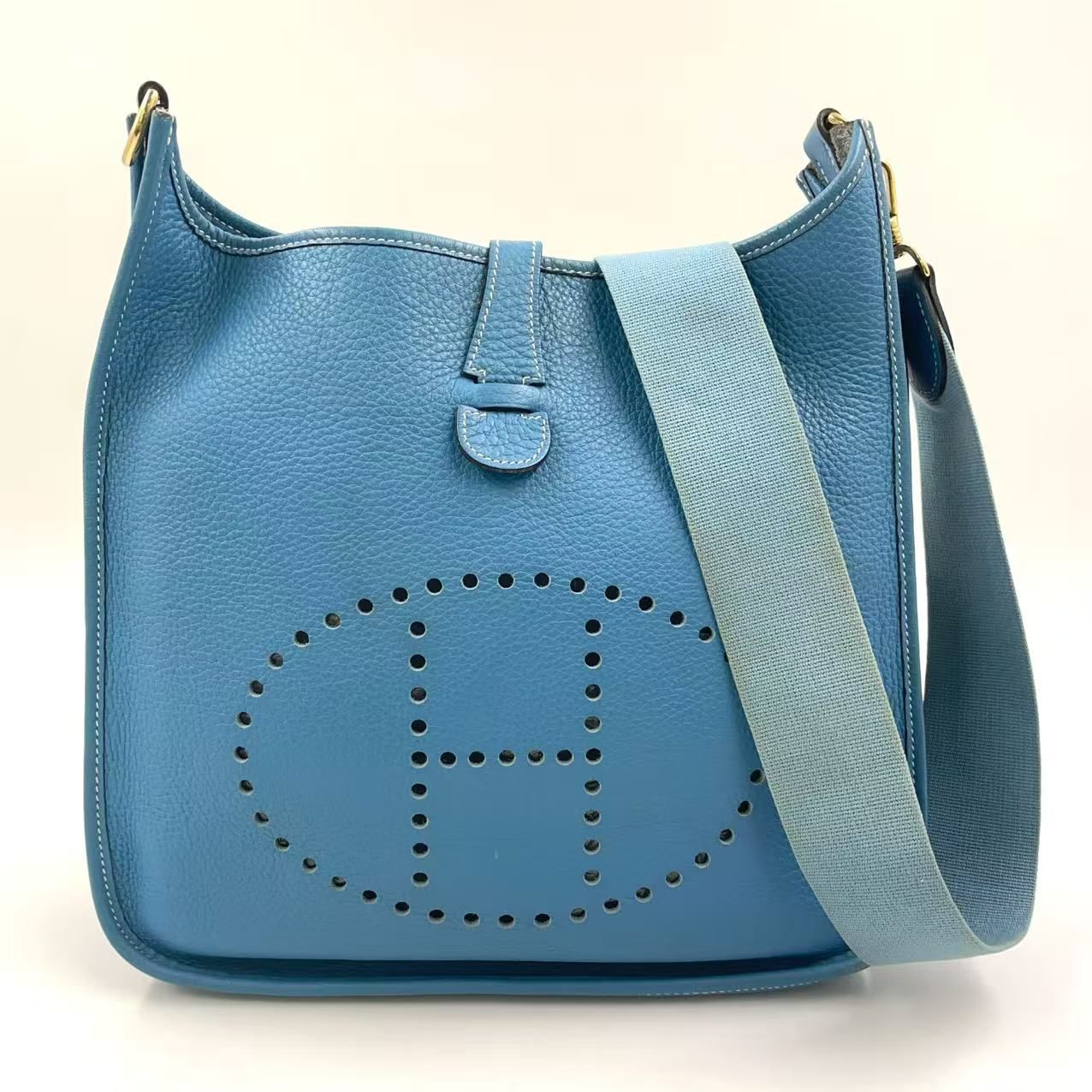 HERMES エブリンPM □F刻印 レザー ブルー ショルダーバッグ ゴールド