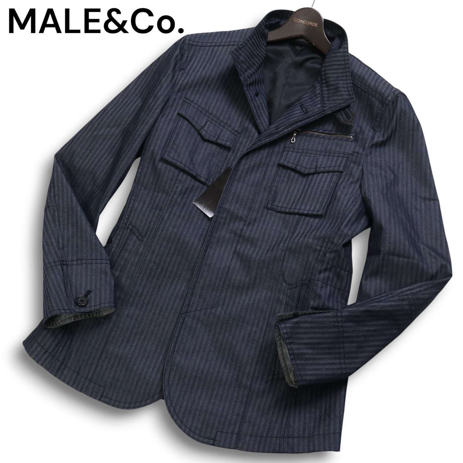 【新品 未使用】 MALEu0026Co. タカキュー 通年 ストライプ スタンドカラー ジャケット Sz.M メンズ 紺 ネイビー