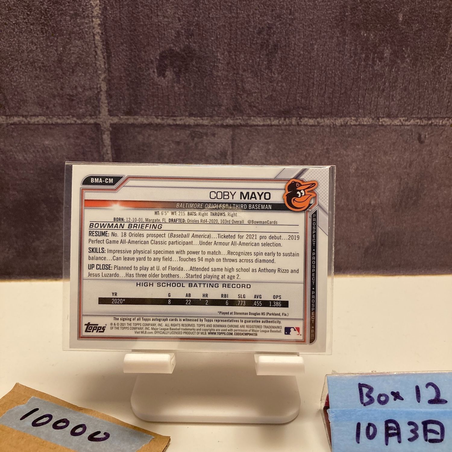 2021 Topps Bowman Chrome Coby Mayo 直筆サインカード Baltimore Orioles Mojo Refractor Prospect カード