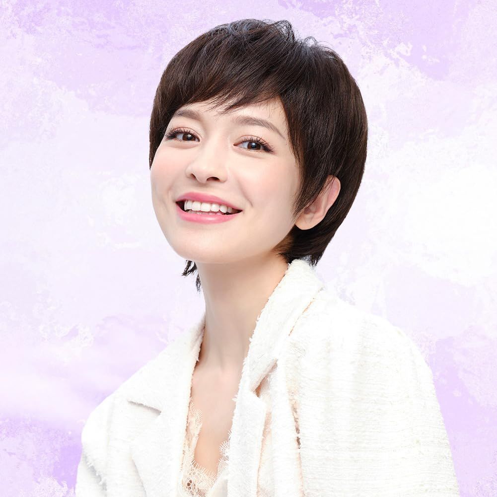 数量 斜め前髪ショートカット 女性用 女装 フルウィッグ 知性派エレガント レディース ショートストレート ウィッグ ナチュラルブラック Youth 24 CM Rebecca