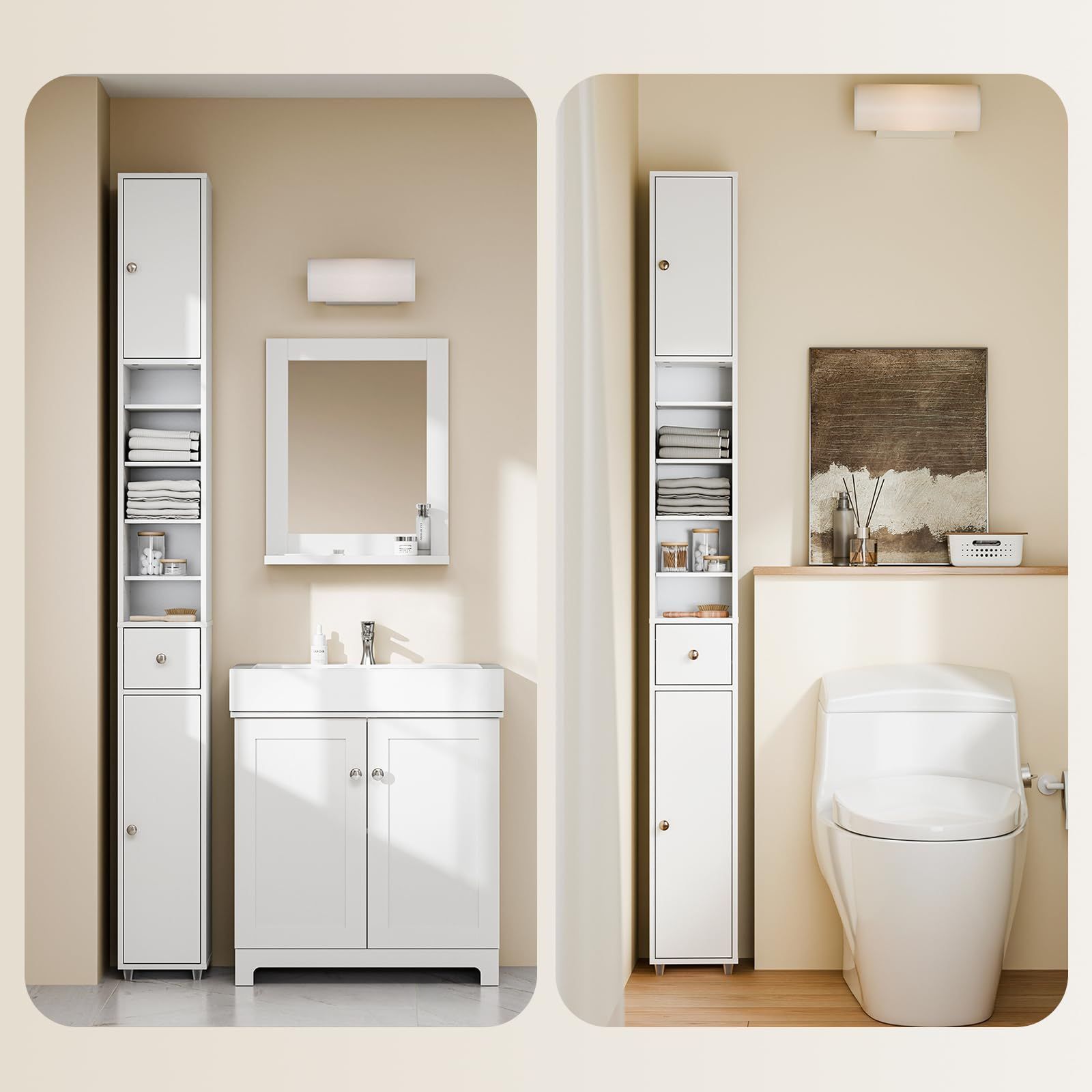 洗面所用キャビネット サニタリーラック すきま 可動棚 ランドリー収納 幅20×奥行20×高さ180 cm スリム ランドリーラック キャビネット 収納 洗面所 食器棚 BZR 34-W 隙間収納 SoBuy