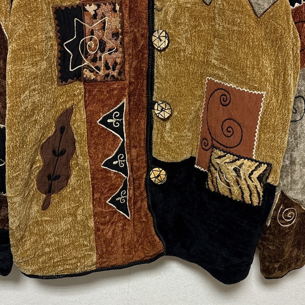 ヴィンテージ 古着 GILLESRICARTパッチワークジャケット スペイン製 VINTAGE】総柄 レトロデザイン 化石 パッチワークジャケット S-3579