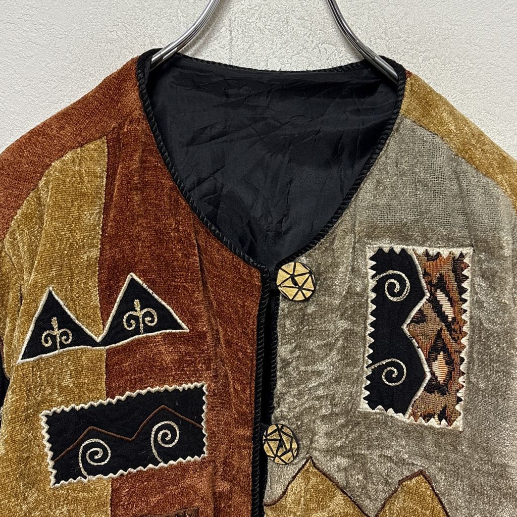 VINTAGE】総柄 レトロデザイン 化石 パッチワークジャケット S-3579