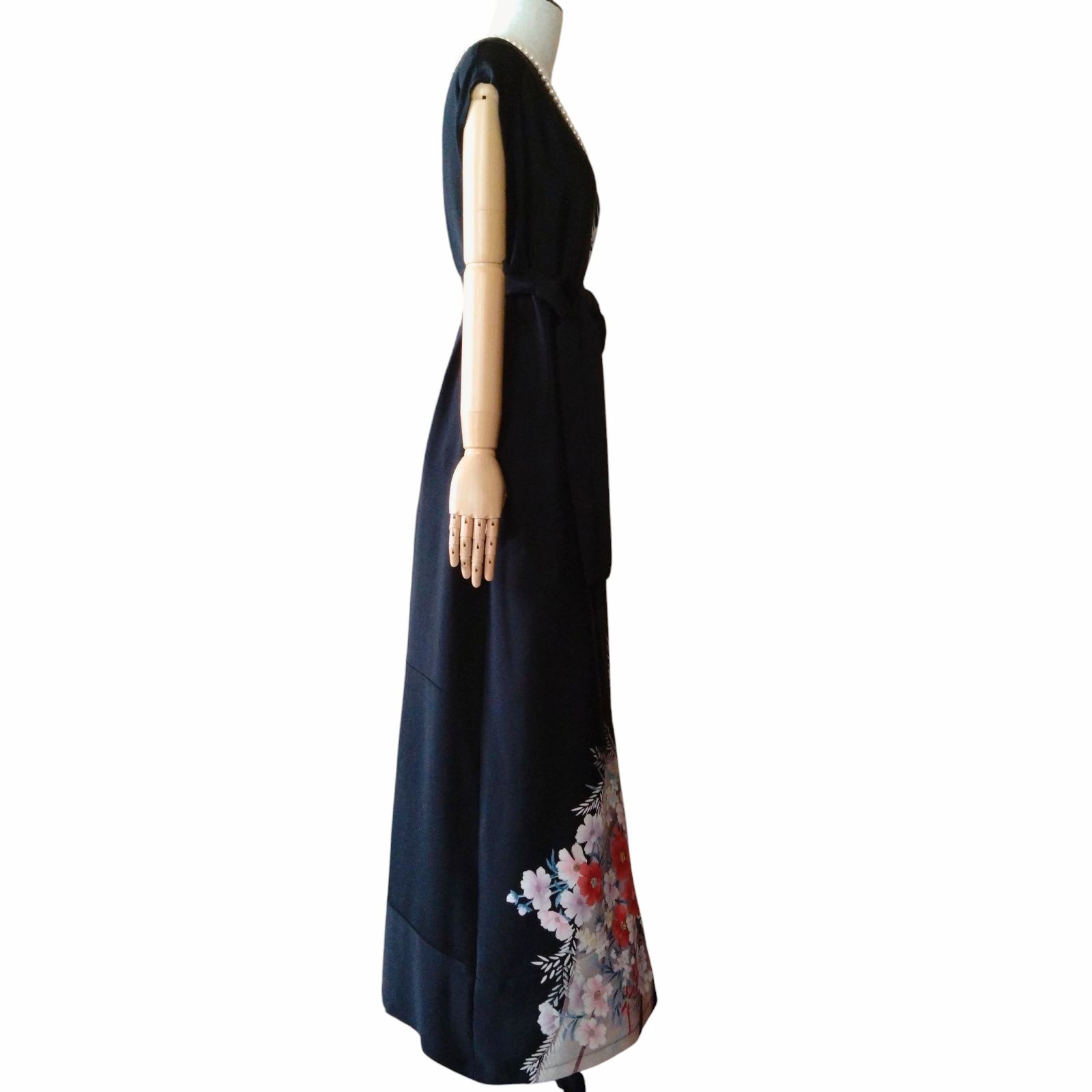 ❦Kaena❦ 着物リメイク ワンピース フレンチ ロング ドレス 黒留袖 A