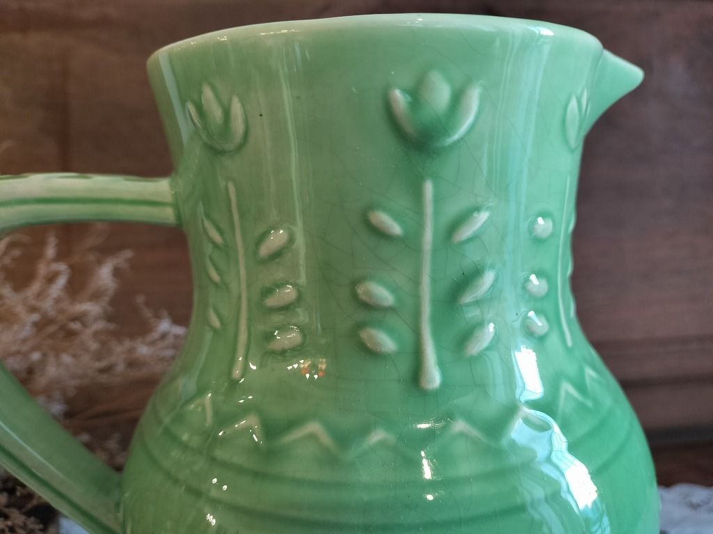 フランス アンティーク サルグミンヌ製 緑 装飾 陶器 ピッチャー