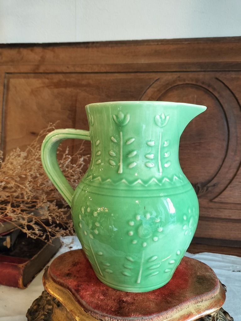フランス アンティーク サルグミンヌ製 緑 装飾 陶器 ピッチャー