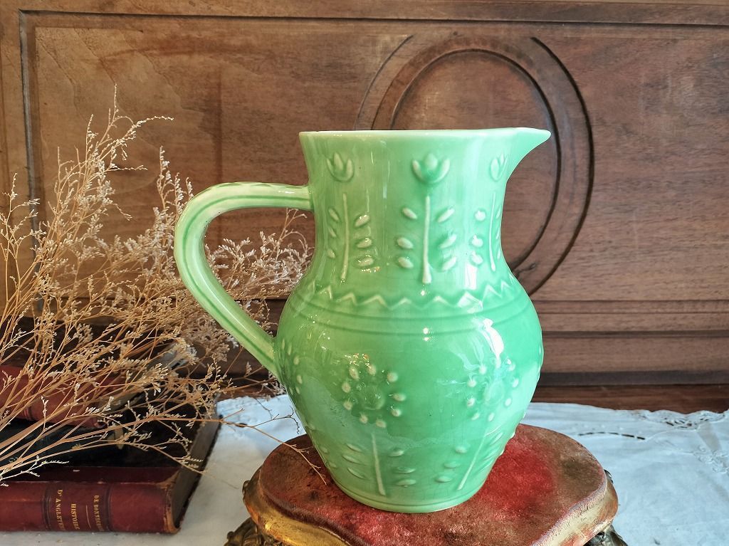 フランス アンティーク サルグミンヌ製 緑 装飾 陶器 ピッチャー