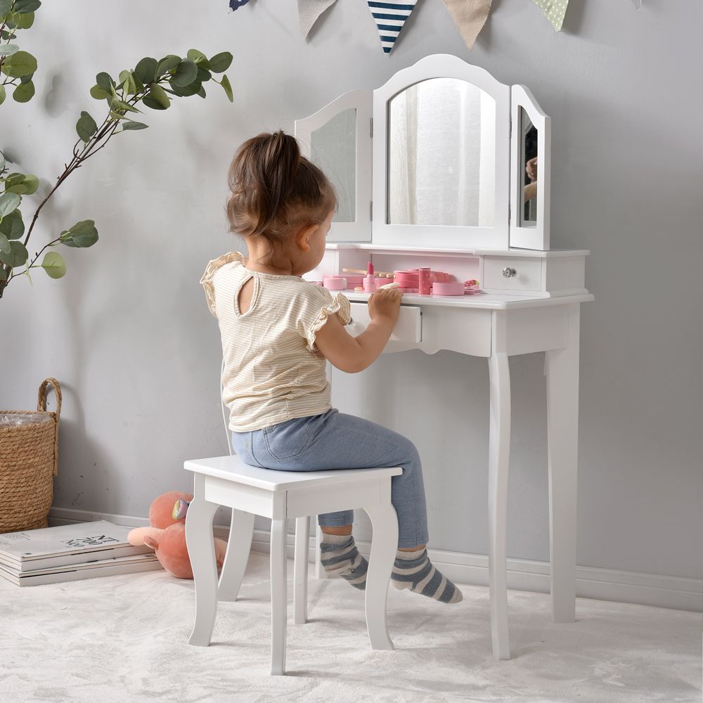 おままごとドレッサー 三面鏡 子供用ドレッサー木製 スツール付き 引き出し お化粧 おめかし メイク台 ミラー 化粧台 鏡台 コスメ収納 おしゃれ かわいい プレゼント