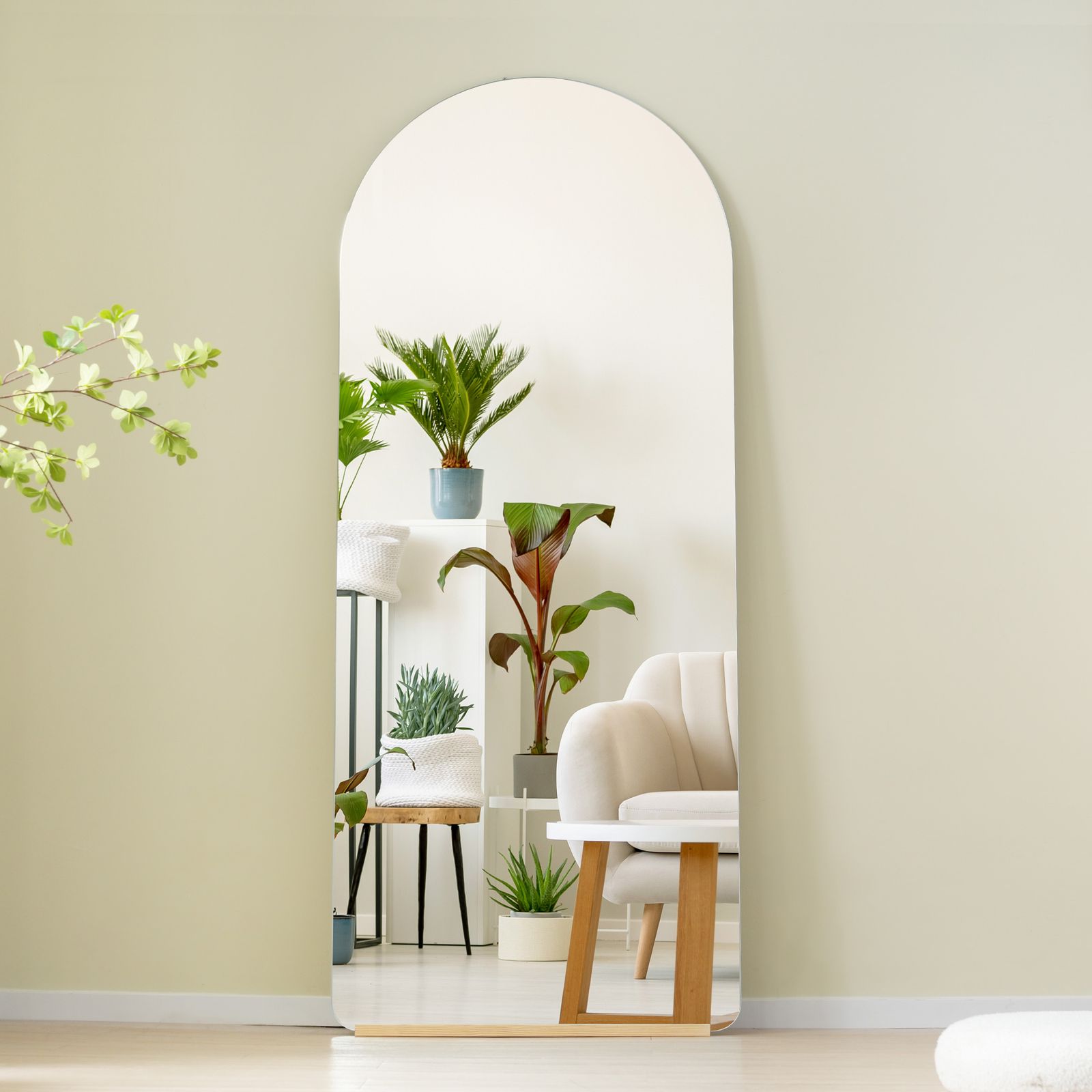 全身鏡 姿見鏡 スタンドミラー ノンフレーム アーチタイプ 立てかけ 姿見 鏡 ミラー おしゃれ 大型 飛散防止 木製台あり 160 50 CM