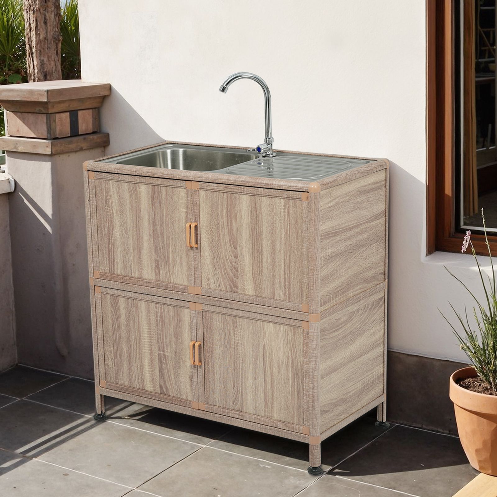 囲い付きで便利】屋外 流し台 ステンレス W83×D43.5×H109.5cm ガーデン