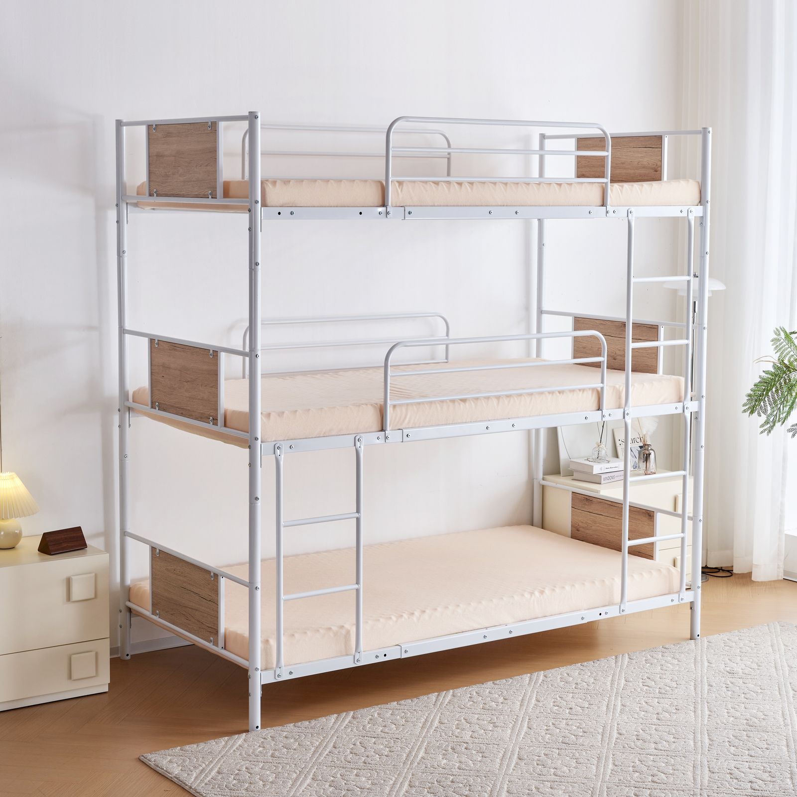 01/15再入荷予定」 【新作】【ホワイト】三段ベッド パイプベッド 分離