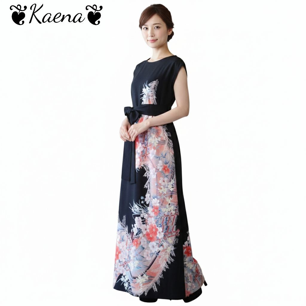 ❦Kaena❦ 着物リメイク ワンピース フレンチ ロング ドレス 黒留袖 A