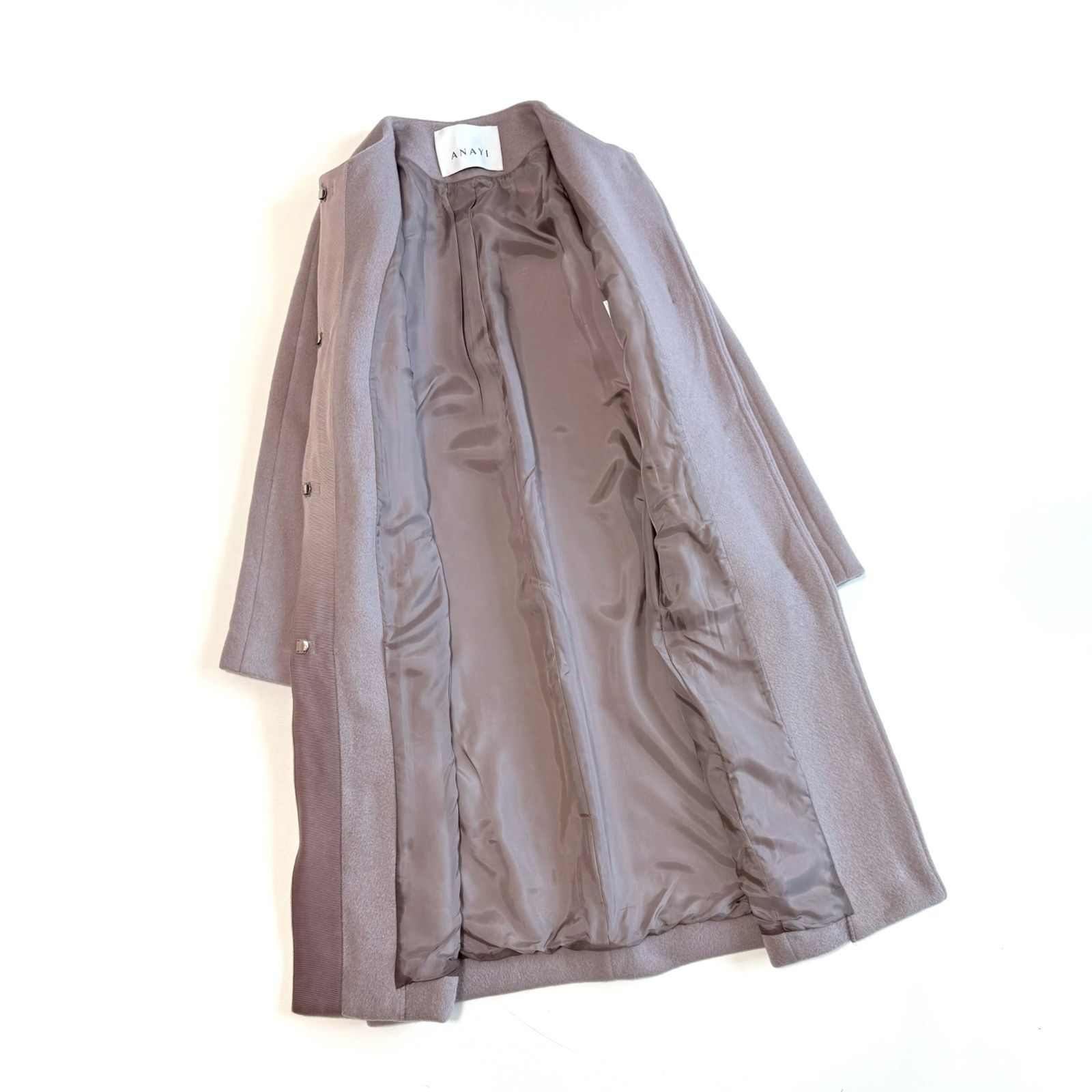 ANAYI アナイ ノーカラー コート くすみピンク 34 ウール ナイロン