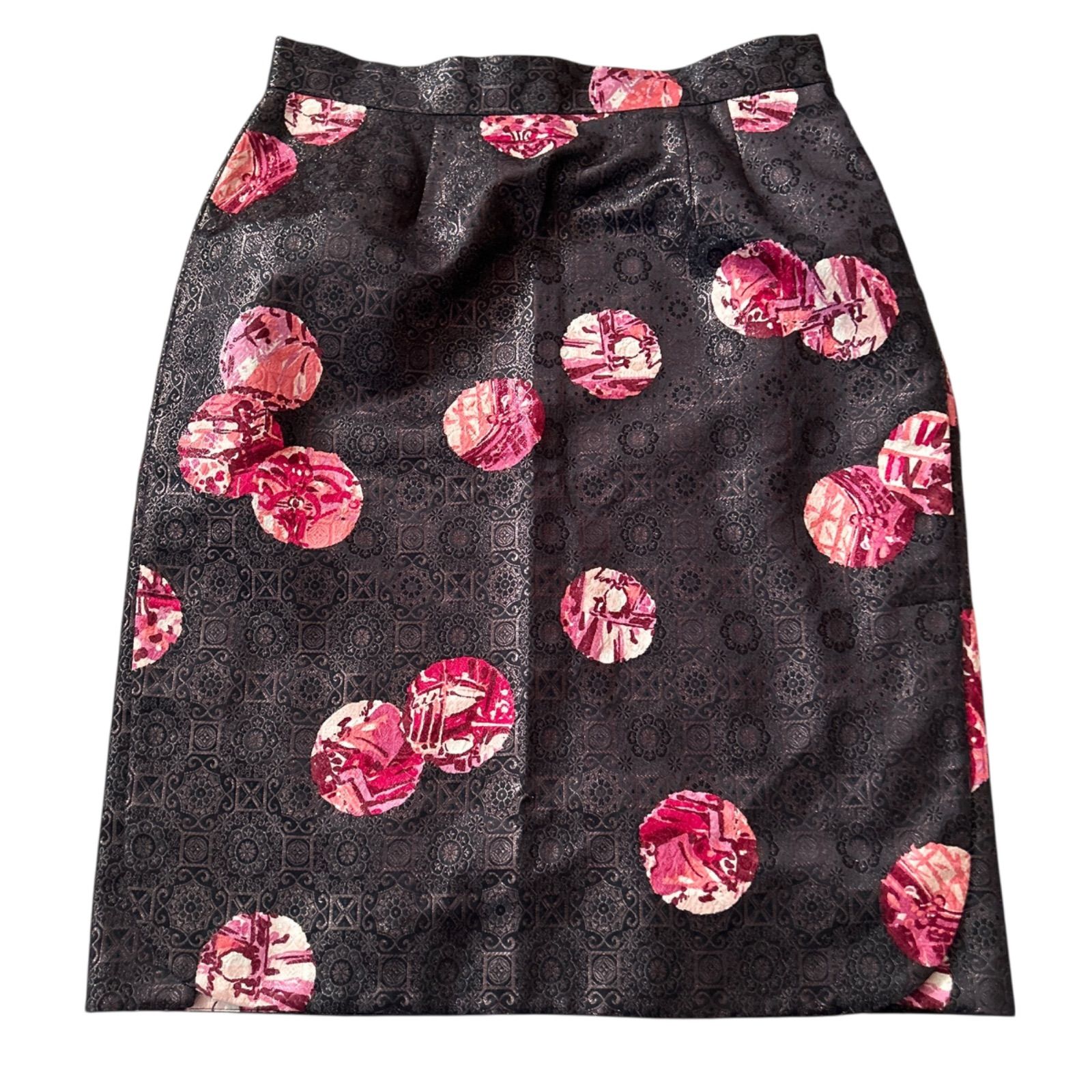malo マーロ 光沢総柄台形スカート 大きいサイズ48 ブラック オリエンタル 手毬柄