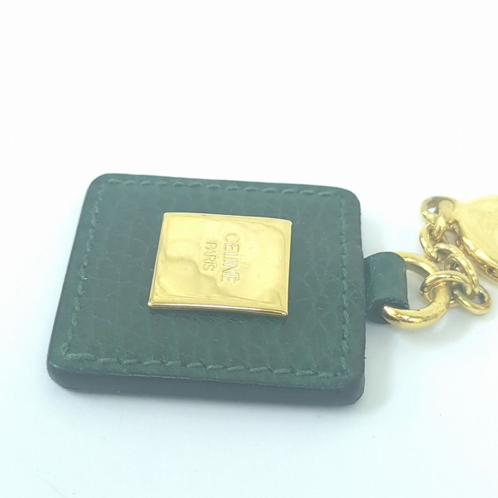 セリーヌ レザー キーホルダー キーリング グリーン ゴールドカラー