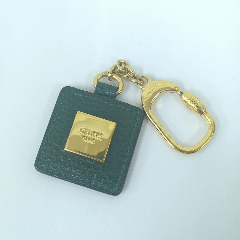 セリーヌ レザー キーホルダー キーリング グリーン ゴールドカラー