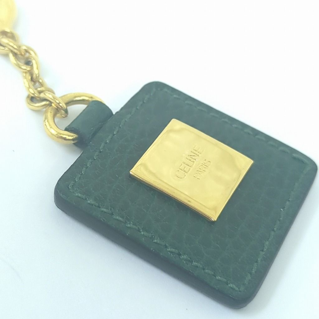 セリーヌ レザー キーホルダー キーリング グリーン ゴールドカラー