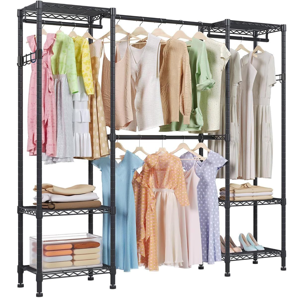 AZAKBL ハンガーラック 大容量 伸縮 幅148 188 cmワードローブ メタルラック 頑丈 洋服ラック洋服掛け 組み立て簡単 衣類収納 高さ調節 省スペース おしゃれ ハンガーかけ コートハンガー 洋服収納 ブラック 奥行40 高さ