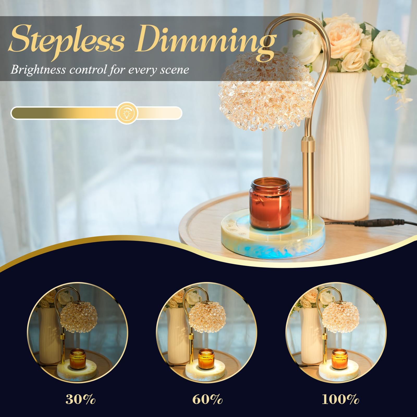 キャンドルウォーマー スマートタッチ式ランプ - クリスタルジェムストーンシェード＆カラーチェンジ大理石ベース|調光 LEDワックスメルトウォーマー キャンドルウォーマーランプVX 01