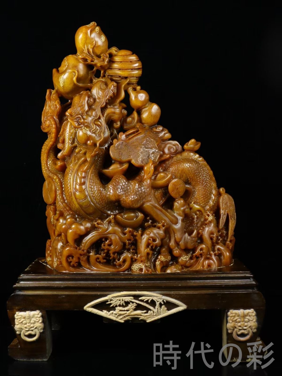 田黄石 金龍献宝 篆刻家 西鳳作款 旧蔵重器 7 kg 鏤空細工 石彫 中国古美術 細密彫 手彫り 寿山石細作 在銘 天然賞石擺件 置物 自家収蔵品 賞物