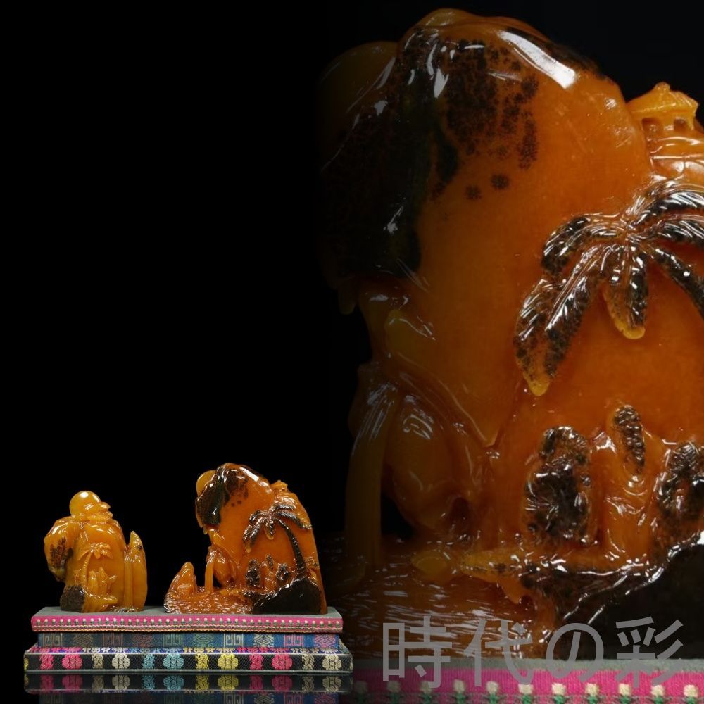 田黄石 山水人物】篆刻家 尚均作款 麦芽色 石質細緻 彫工精湛 中国古