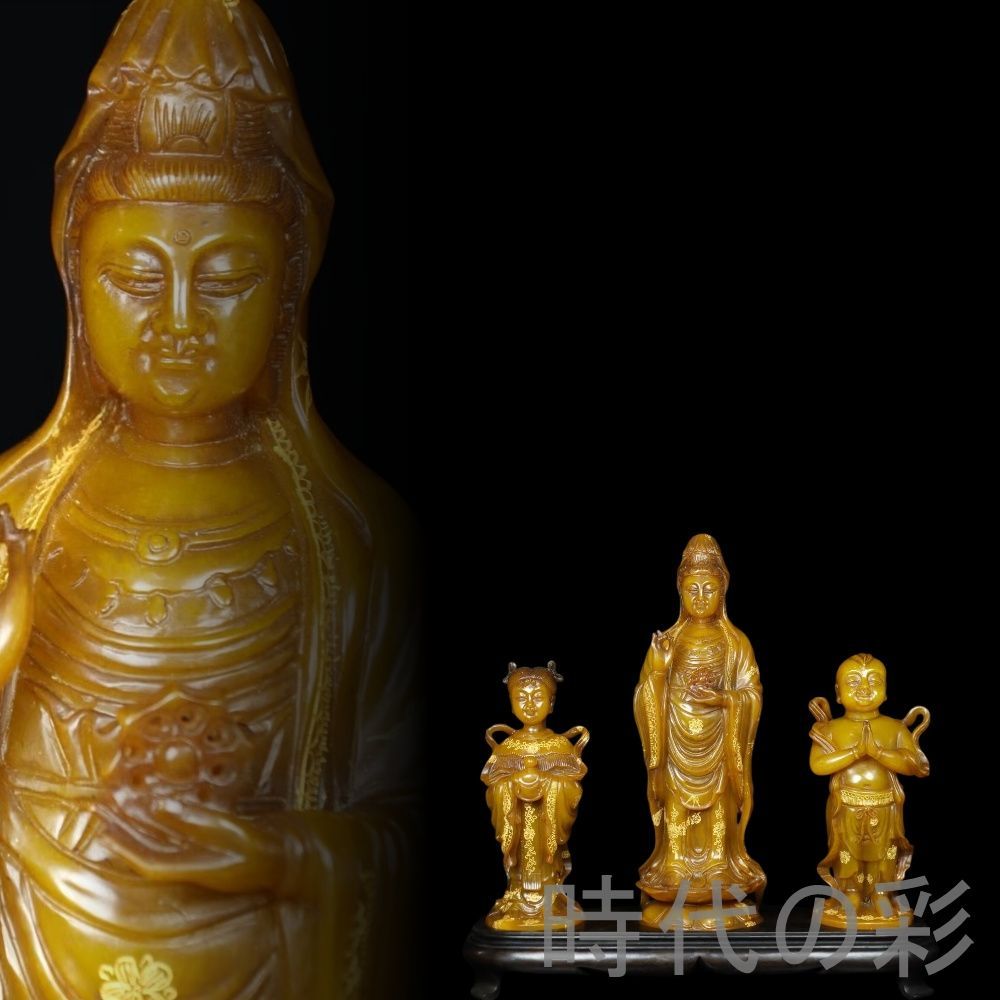 寿山石田黄石 童男童女拜観音】篆刻家 玉?作款 描金技法 石質緻密