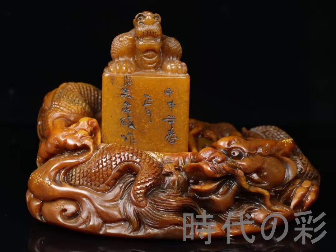 田黄石 瑞獣印章 篆刻家 呉昌碩作款 旧蔵重器 2 047 kg 石質緻密 赤血筋 細密彫 手彫り 寿山石細作 在銘 天然賞石擺件 置物 自家収蔵品 賞物