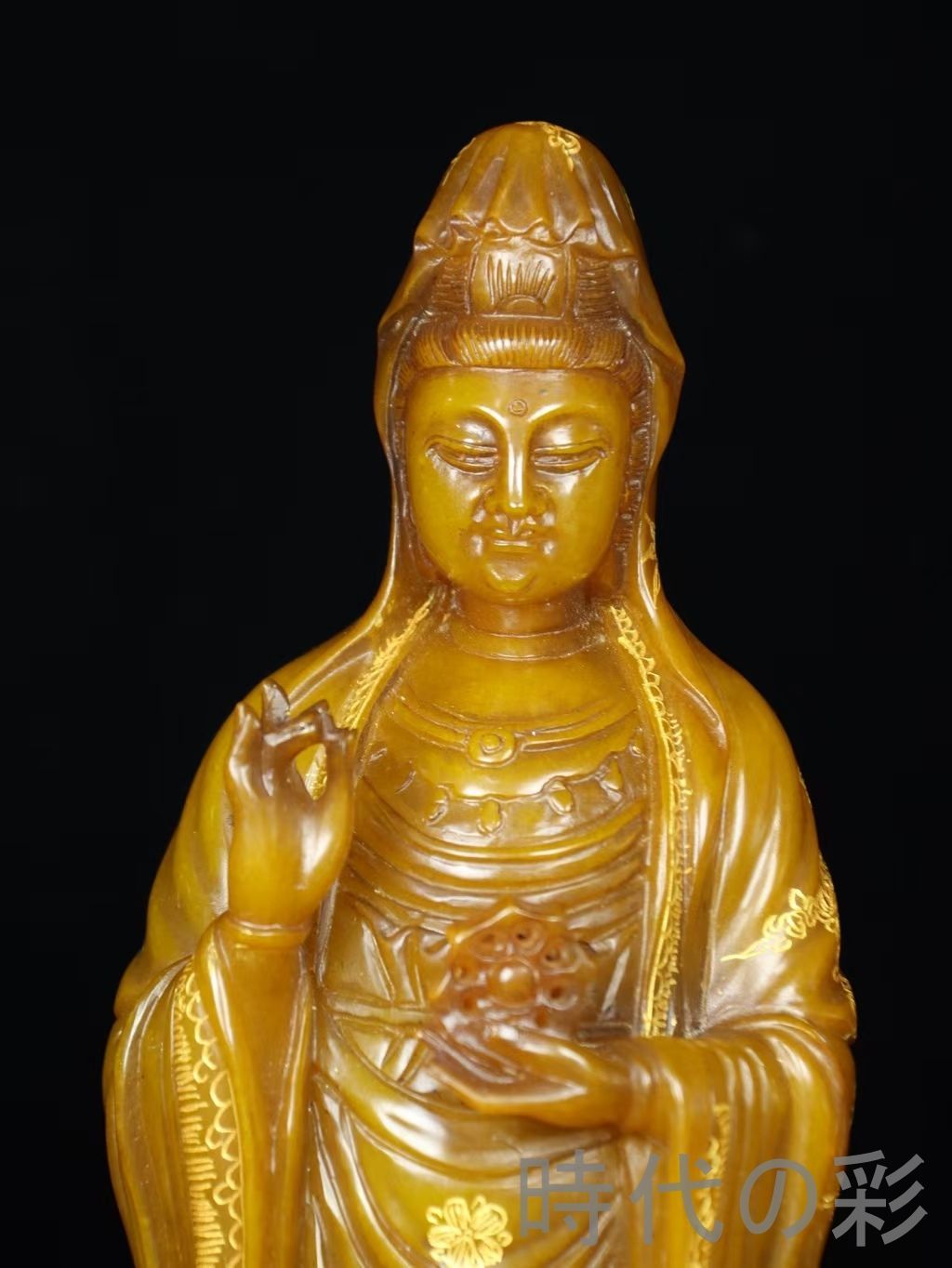 寿山石田黄石 童男童女拜観音】篆刻家 玉?作款 描金技法 石質緻密