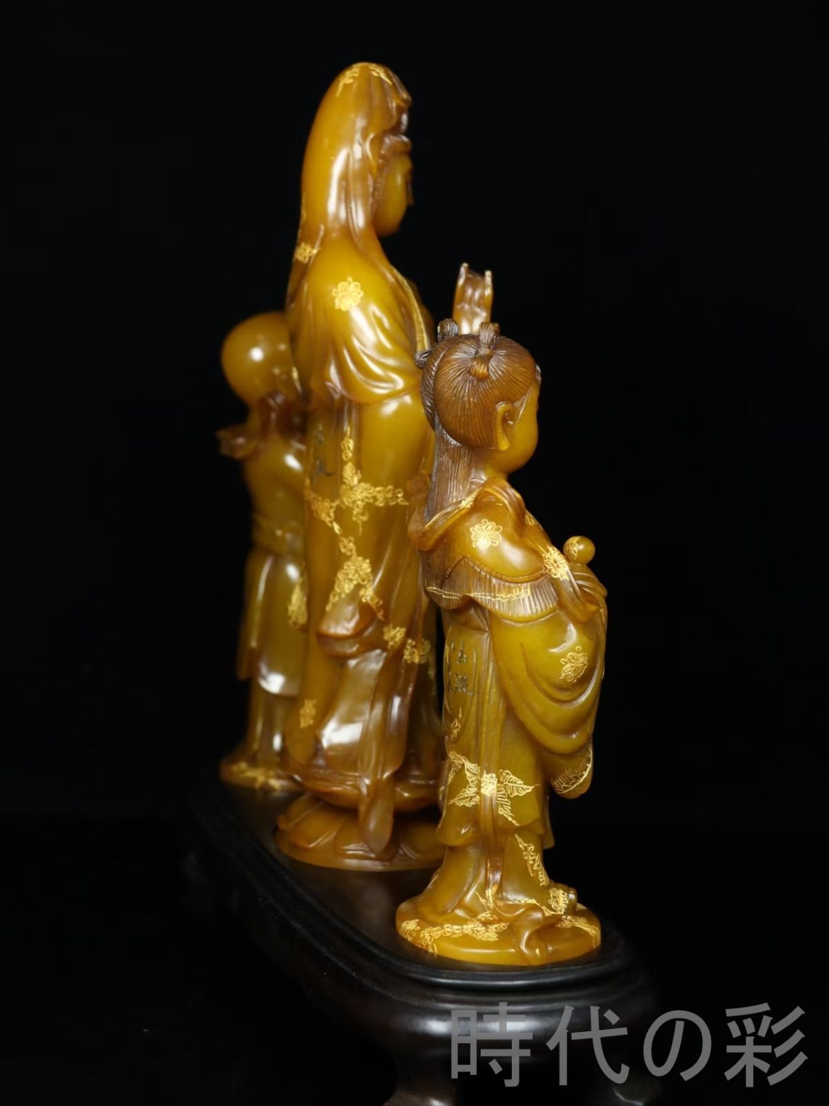 寿山石田黄石 童男童女拜観音】篆刻家 玉?作款 描金技法 石質緻密