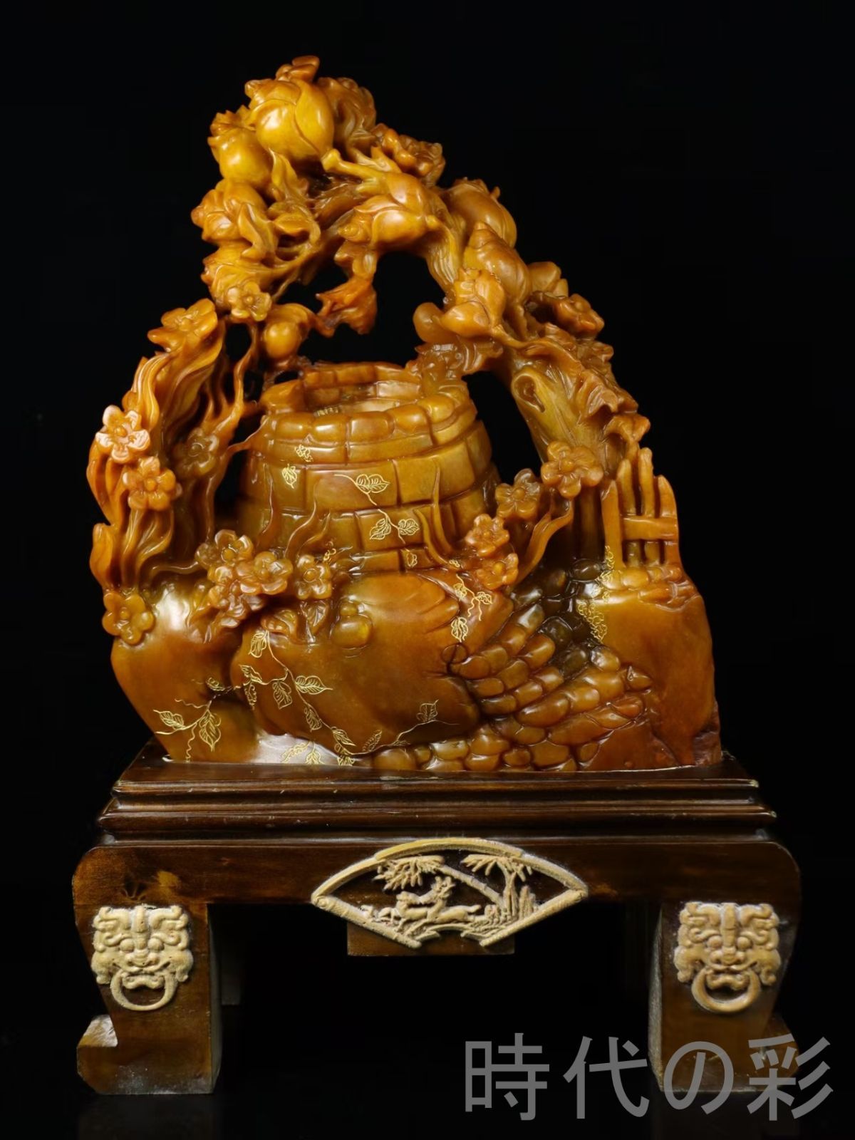 田黄石 錦上添花 篆刻家 醉石作款 重量5 31 kg 鏤空細工 石彫 中国古美術 細密彫 手彫り 寿山石細作 在銘 天然賞石擺件 置物 自家収蔵品 賞物