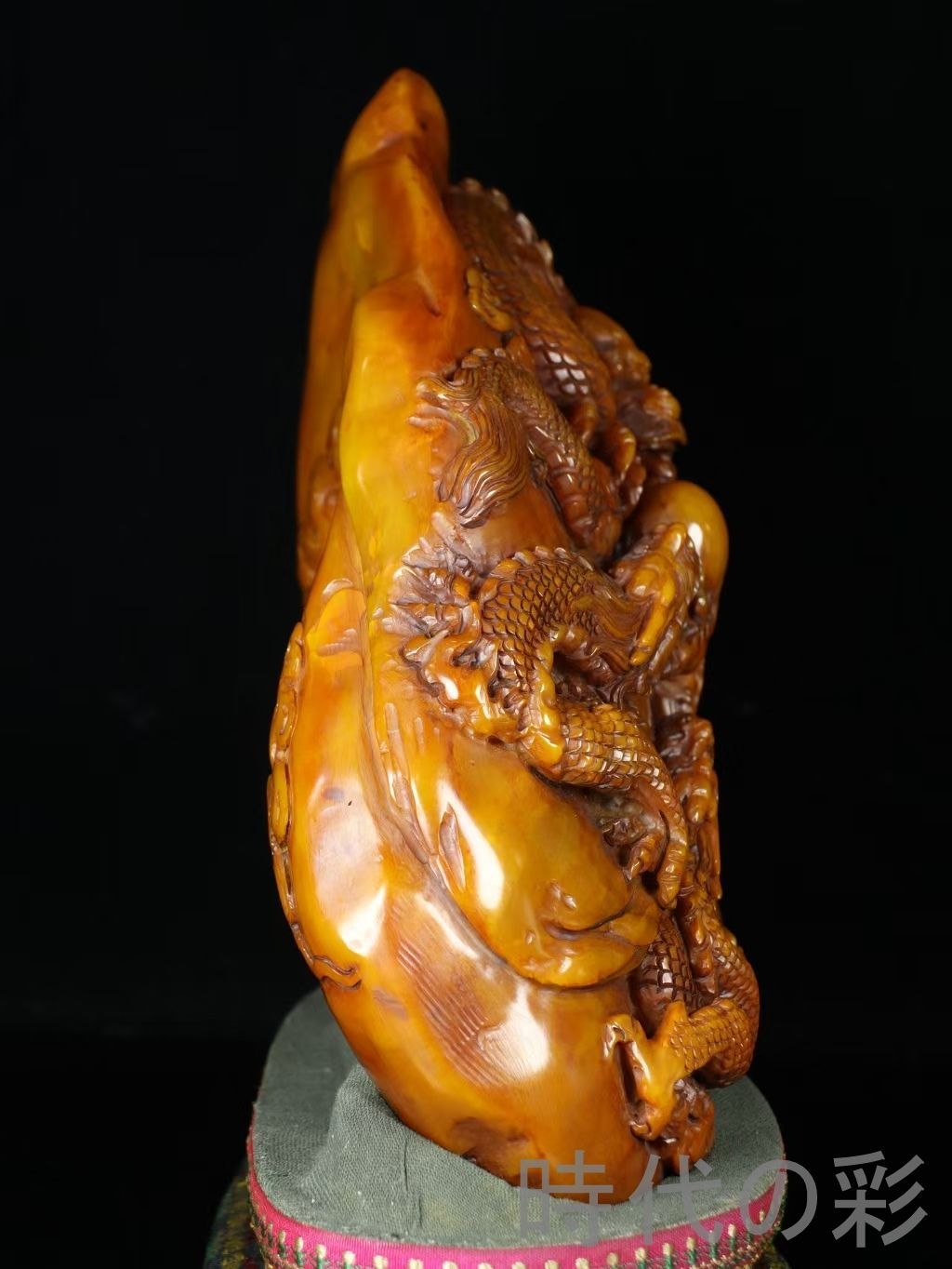 寿山田黄石 五龍戲珠】乾隆七年 内務府造 旧蔵重器 4.66kg 精巧彫刻