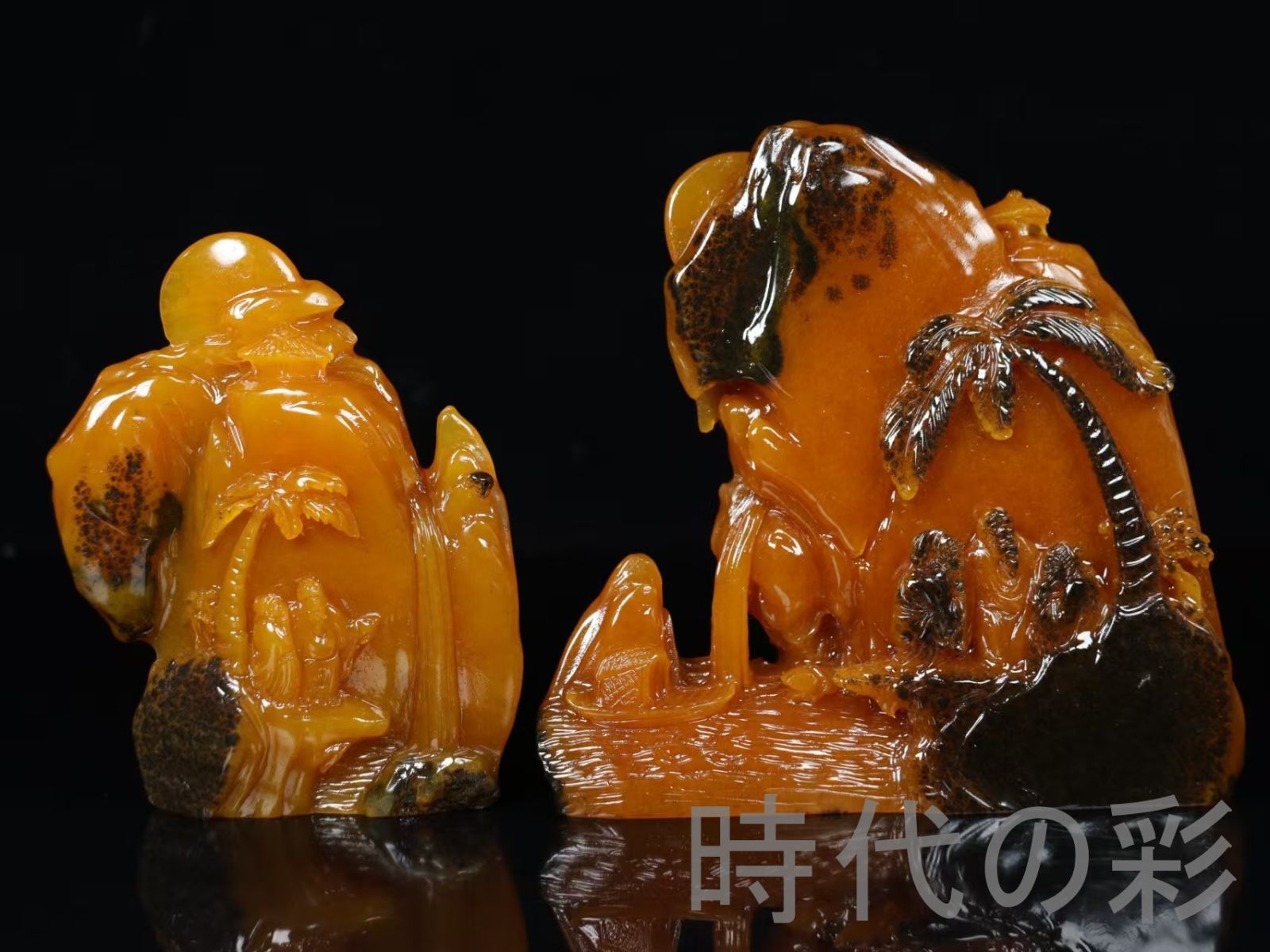 田黄石 山水人物】篆刻家 尚均作款 麦芽色 石質細緻 彫工精湛 中国古