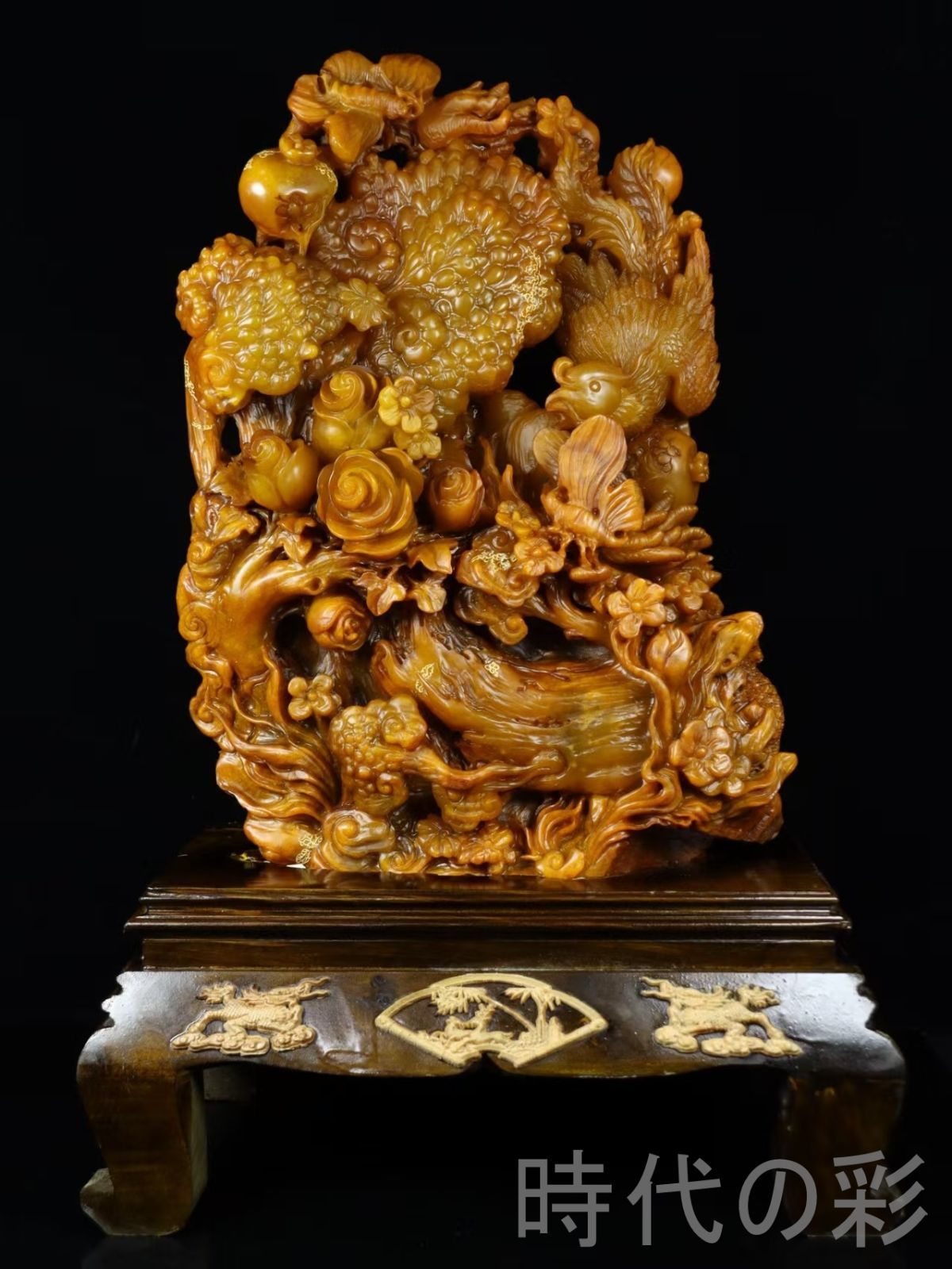 田黄石 富貴花開】鏤空彫刻 重器 9.9kg 精工細工 中国古美術