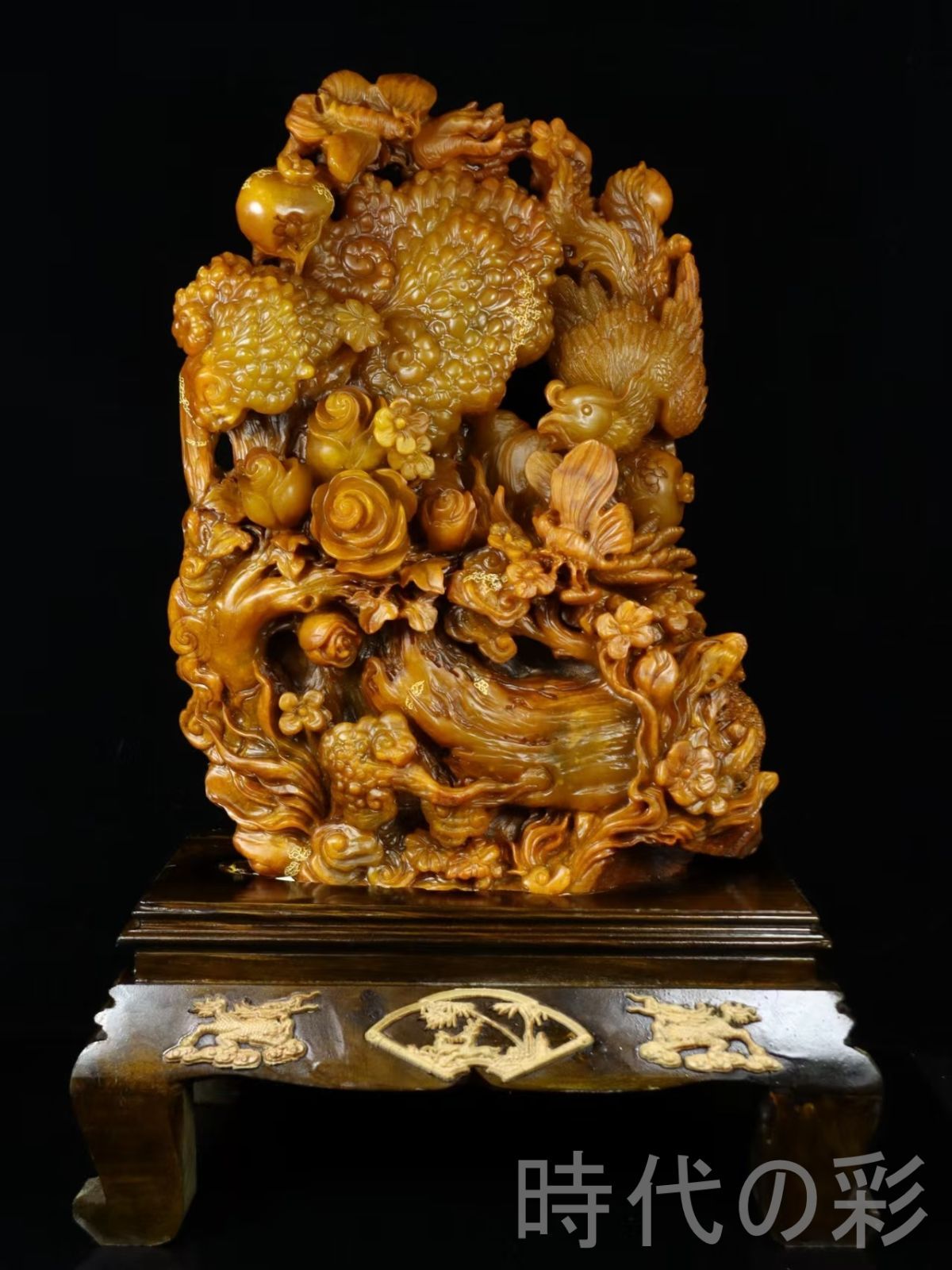 田黄石 富貴花開】鏤空彫刻 重器 9.9kg 精工細工 中国古美術