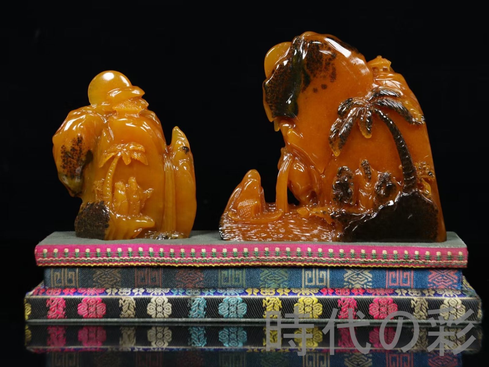 田黄石 山水人物】篆刻家 尚均作款 麦芽色 石質細緻 彫工精湛 中国古