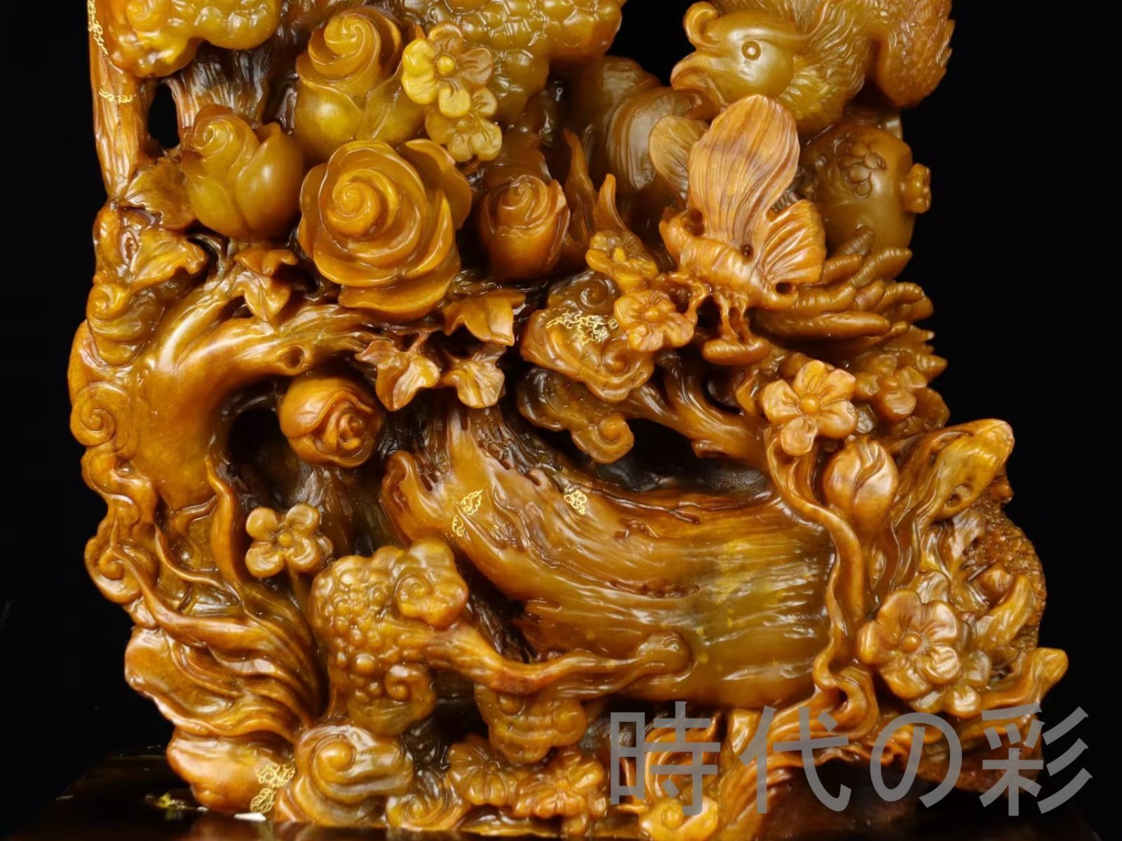 田黄石 富貴花開】鏤空彫刻 重器 9.9kg 精工細工 中国古美術