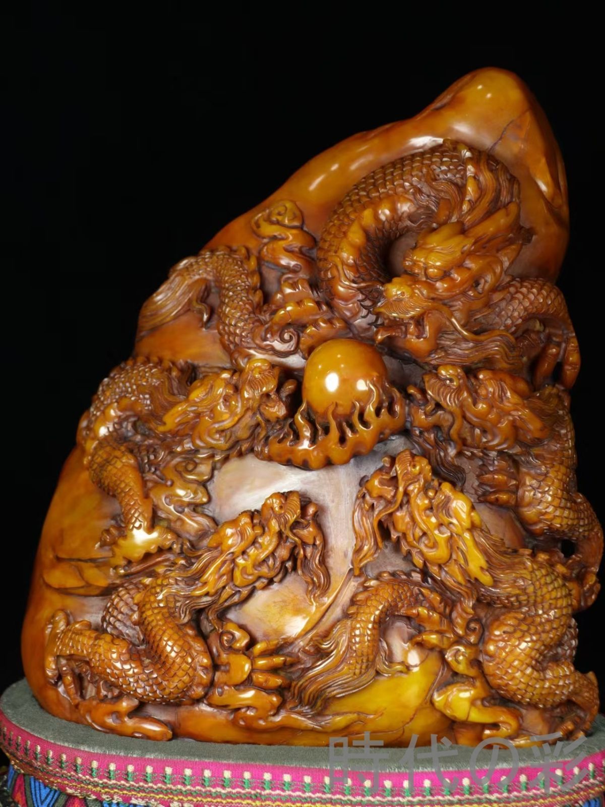 寿山田黄石 五龍戲珠】乾隆七年 内務府造 旧蔵重器 4.66kg 精巧彫刻
