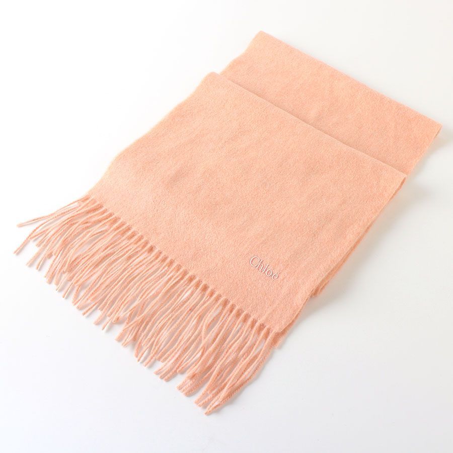 27050 美品 Chloe クロエ マフラー サーモンピンク ロゴ刺繍 フリンジ