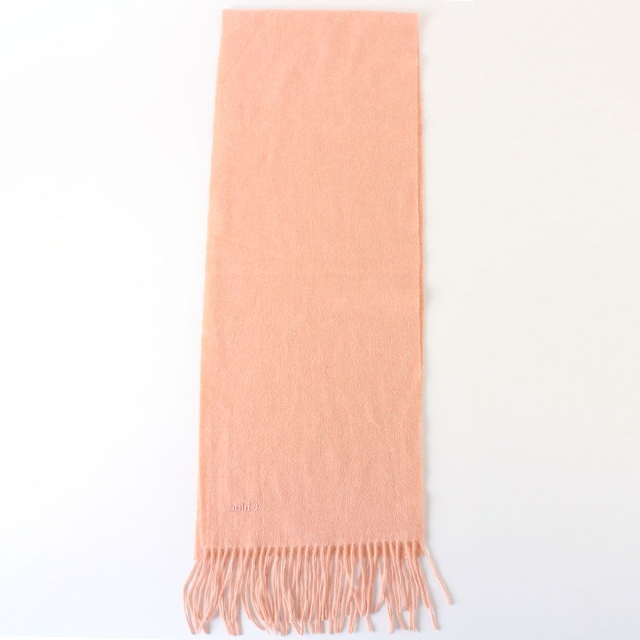 27050 美品 Chloe クロエ マフラー サーモンピンク ロゴ刺繍 フリンジ