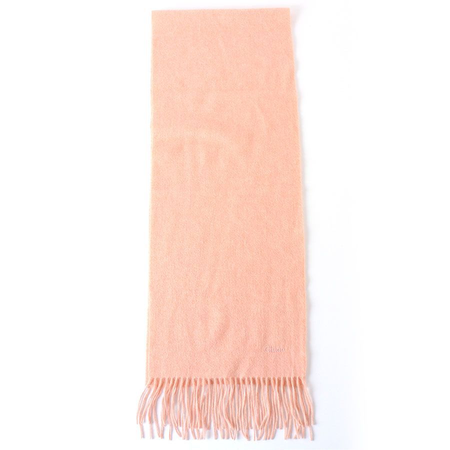 27050 美品 Chloe クロエ マフラー サーモンピンク ロゴ刺繍 フリンジ