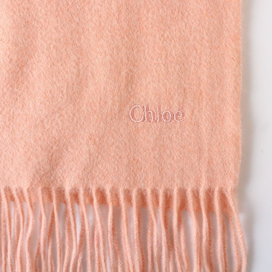 27050 美品 Chloe クロエ マフラー サーモンピンク ロゴ刺繍 フリンジ