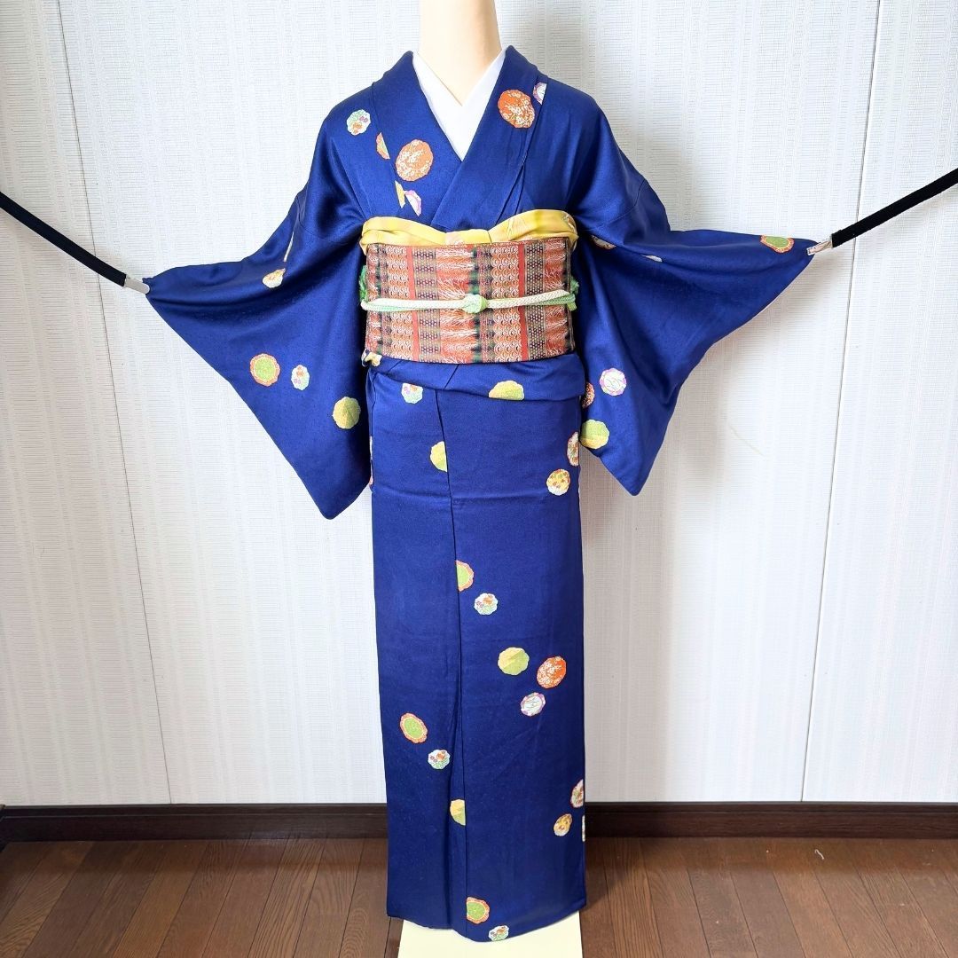美品 小紋 着物セット 名古屋帯 帯揚げ 帯締め ロイヤルブルー 雪輪