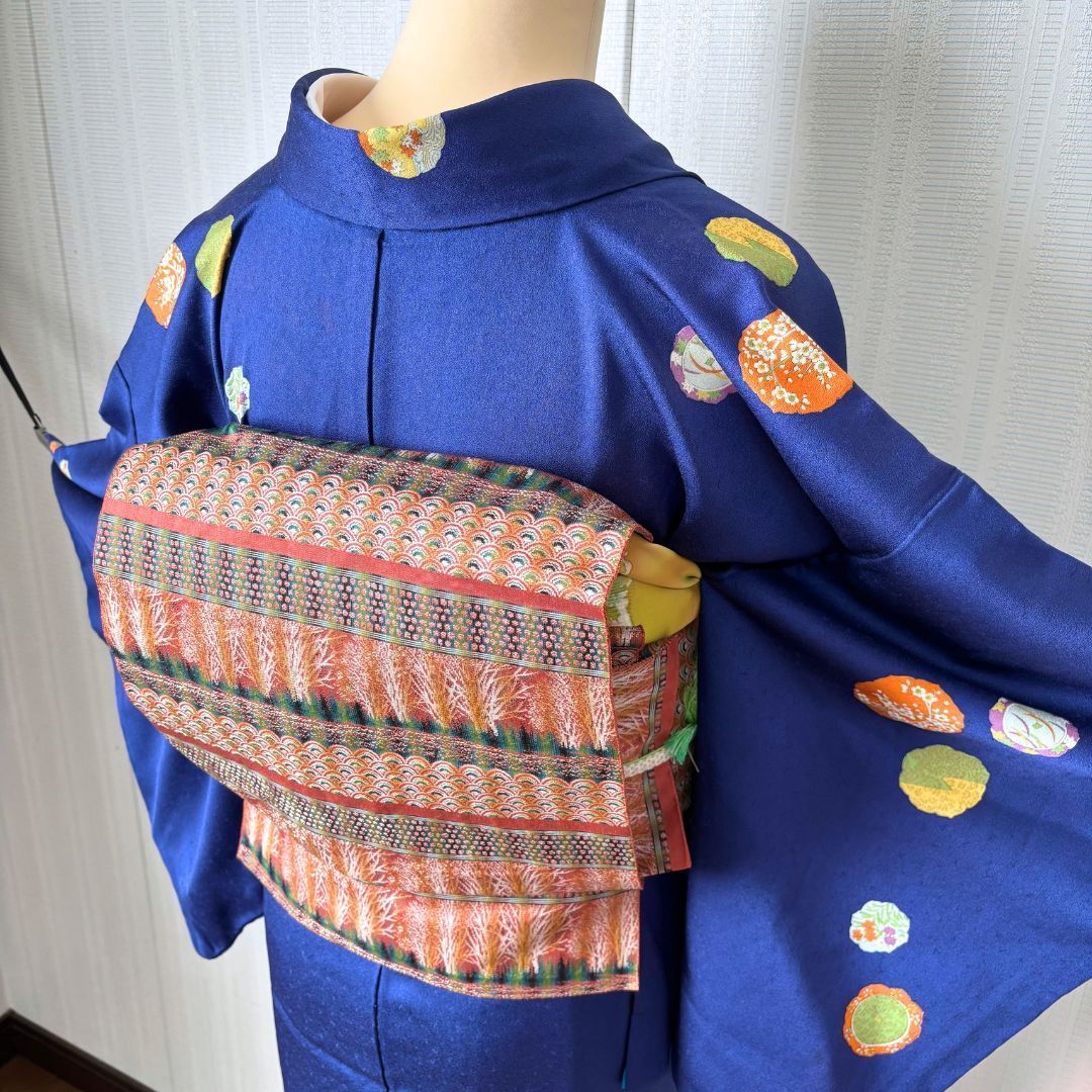 小紋と名古屋帯　２点セット！ 美品 小紋 着物セット 名古屋帯 帯揚げ 帯締め ロイヤルブルー 雪輪