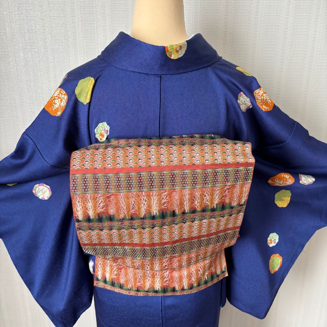 美品 小紋 着物セット 名古屋帯 帯揚げ 帯締め ロイヤルブルー 雪輪