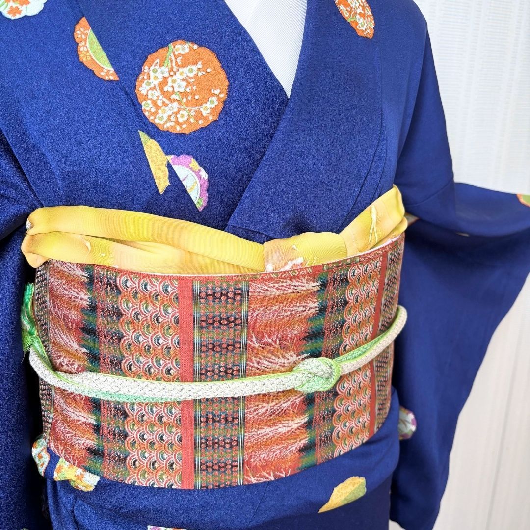 美品 小紋 着物セット 名古屋帯 帯揚げ 帯締め ロイヤルブルー 雪輪